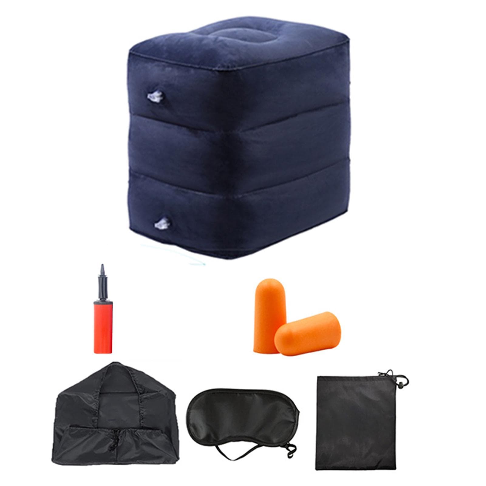 7pcs Inflatable Travel Foot Rest Pillow Height Adjustable 3 Layers Kids Airplane Bed for Airplane navy blue