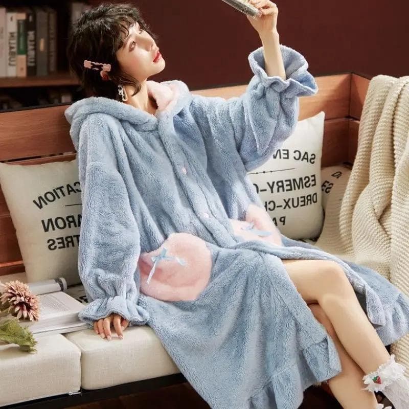Princess Plush Bathrobe Gown Thick Home Clothes Soft Robes Winter Warm Hooded Flannel Nightgown Women Cute Cartoon Sleepwear XL
