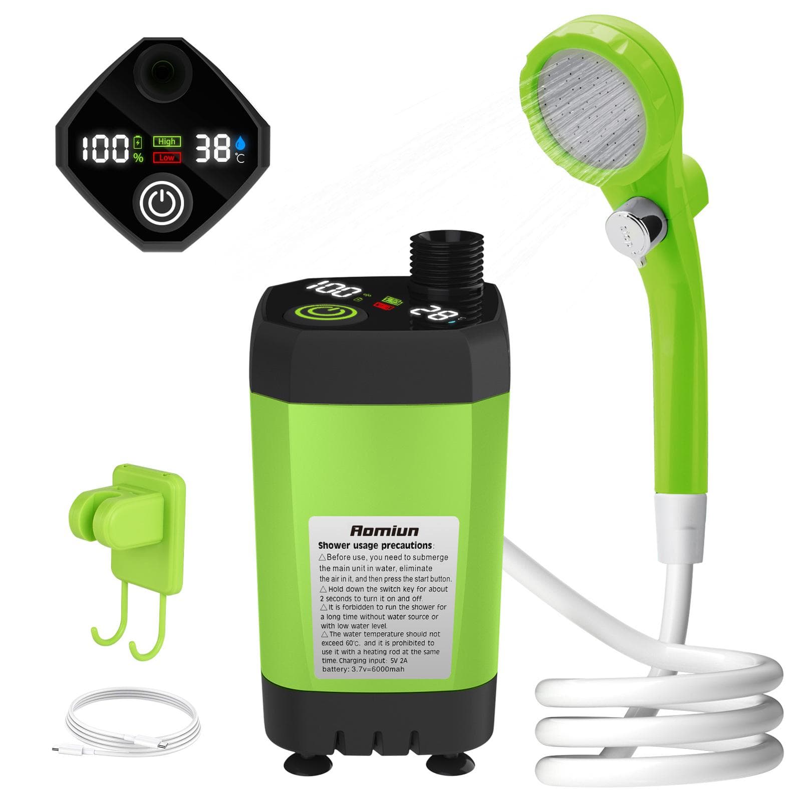 Camping Shower Pump RV Outdoor Shower Kit Camp Shower Intelligent Digital Display Adjustable Shower 6000mah green