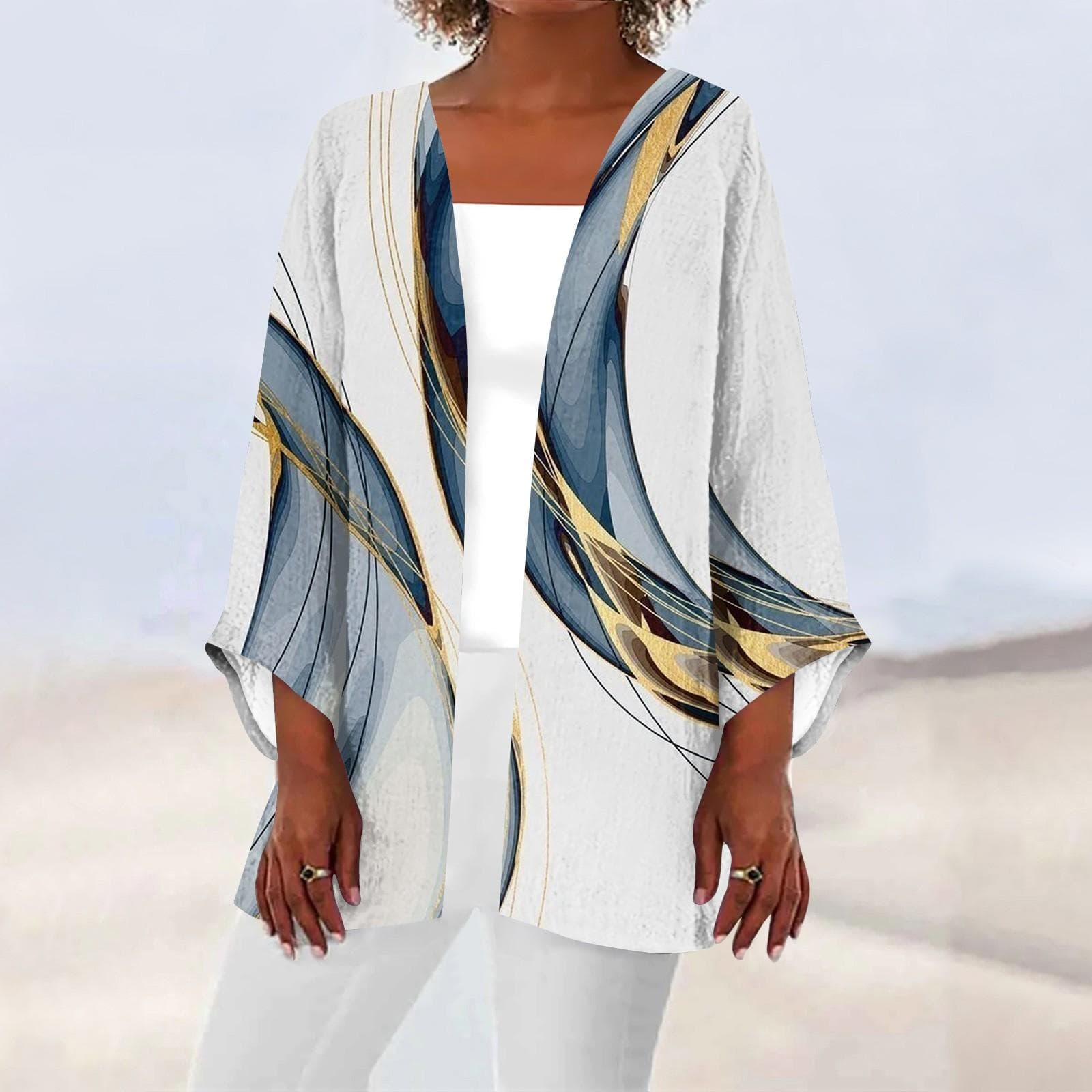 Women's Casual Fashion Printed Lightweight Mid-length Jacket Cardigan XL white