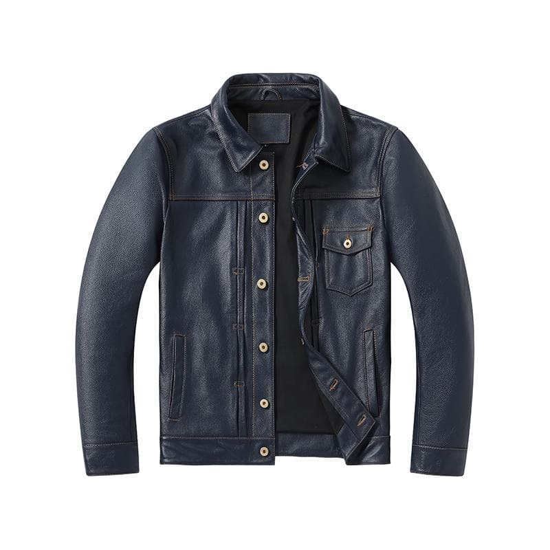 American Retro Graphite To Do The Old Top Layer Cowhide Leather Jacket Men 'S Slim -Fit Short Motorcycle Leather Jacket Trendy L navy blue