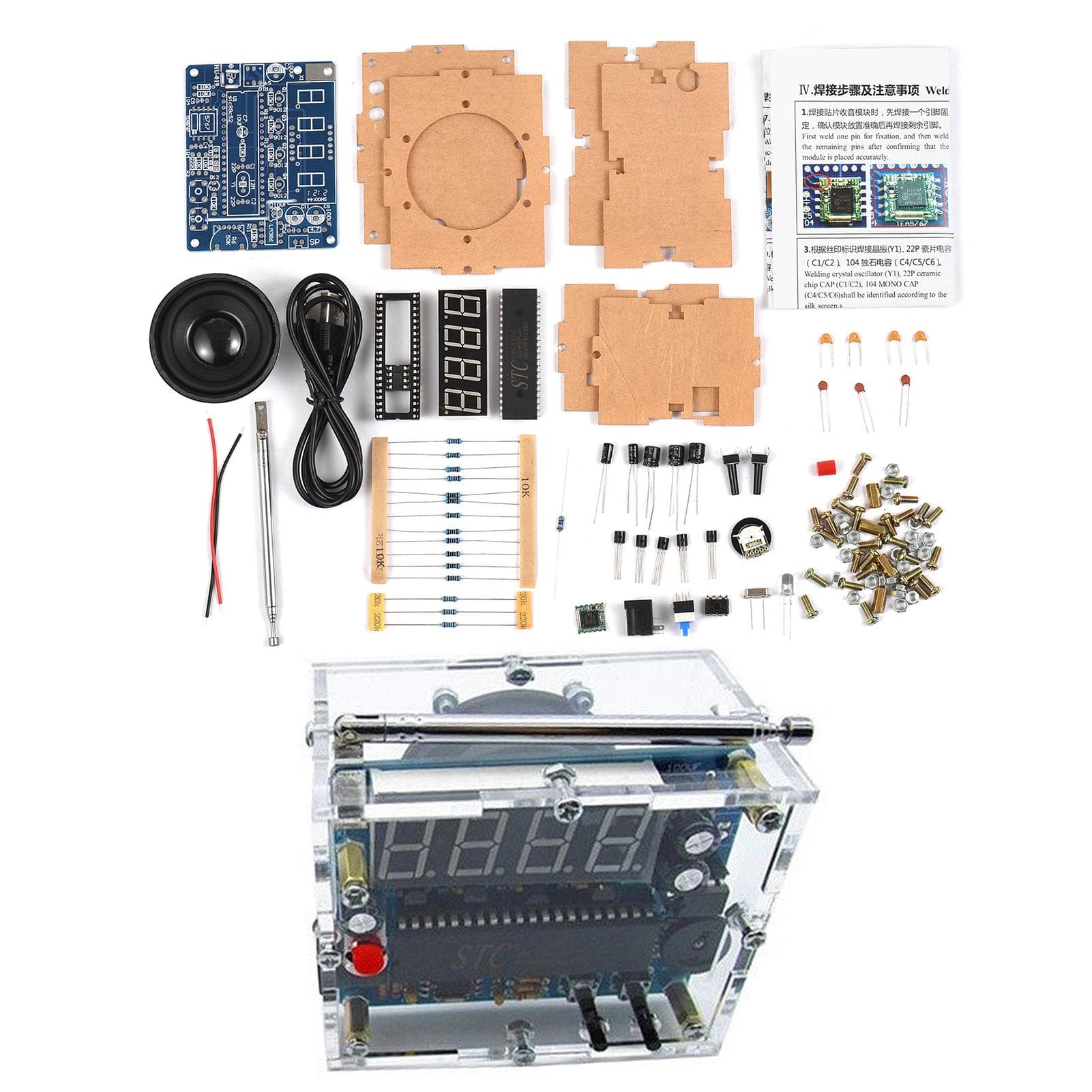 LED Digital FM Radio DIY Kit SCM FM Radio Module Soldering Project Practice Kit 5W Speaker USB Cable transparent