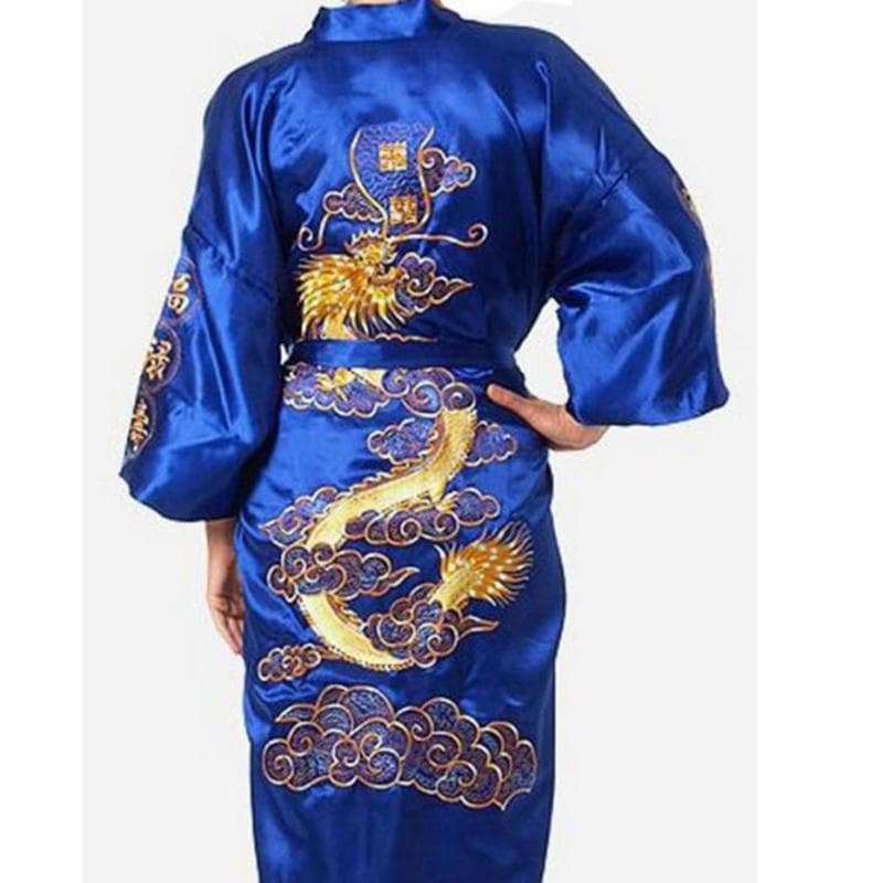 Silk Pajamas Robe Embroidery Dragon Kimono Bath Gown Sleepwear Nightgown Pajama XL sapphire blue