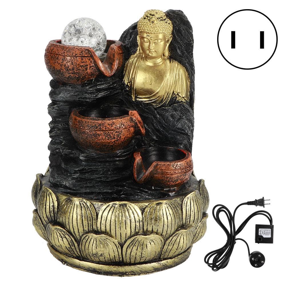 Desktop Buddha Statue Fountain Flowing Water Ornament with Light and Ball Resin Landscape