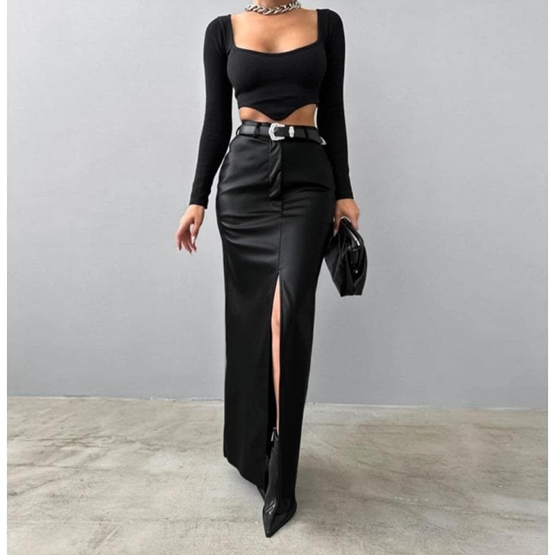 Women's Leather Design Slit Solid Color High-waist Simple Leather Slim Skirt M black