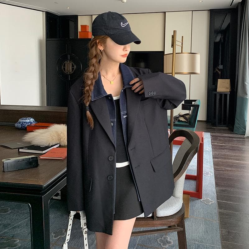Black Blazer Women's Korean Version of The New Spring and Autumn Loose Temperament Casual Top XL black