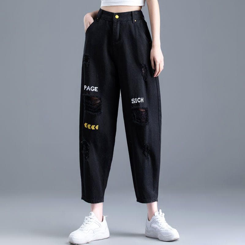 Embroidered Ripped Jeans, Women's Straight Leg Loose Fitting Autumn Casual Red Cropped Pants 33