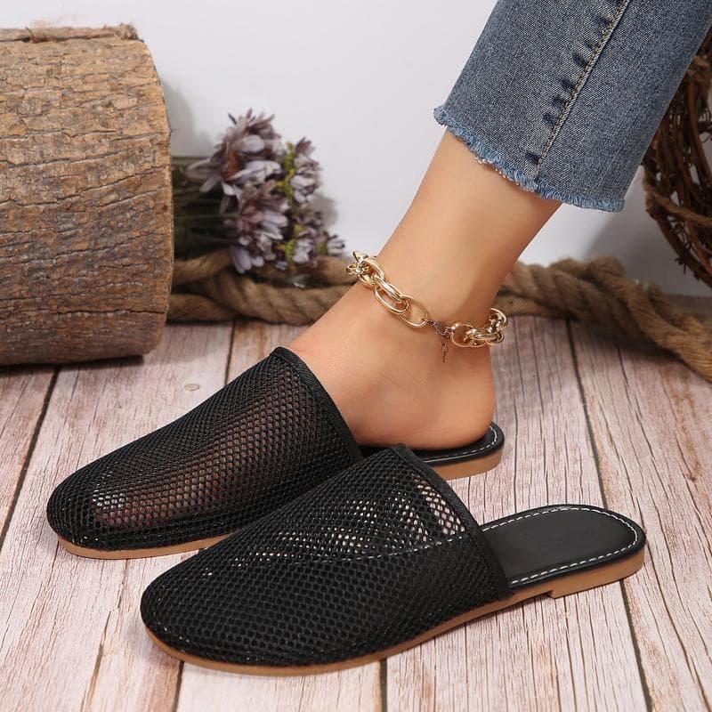 Net Bread-shaped Flat Slippers for Women Simple Large-sized Lazy People Perforated Shoes Breathable Cool Slippers 39 black