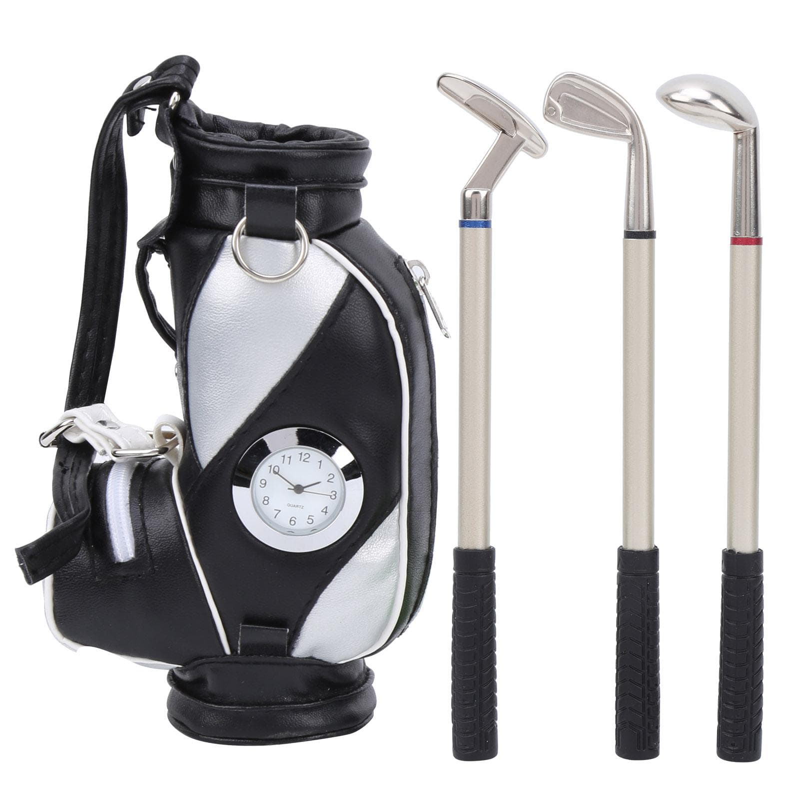 Mini Desktop Golf Bag Pen Clock Zinc Alloy PU Leather with Golf Pens Souvenir Set GiftBlack