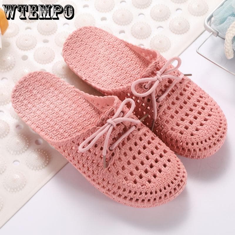 PVC Slides Women's Outer Wear Holey Shoes Summer Soft Bottom Thick Bottom Sandals Home Bathroom Hollow Wrapped Toe Slipper Outdoor Beach Flip-flops 40 pink