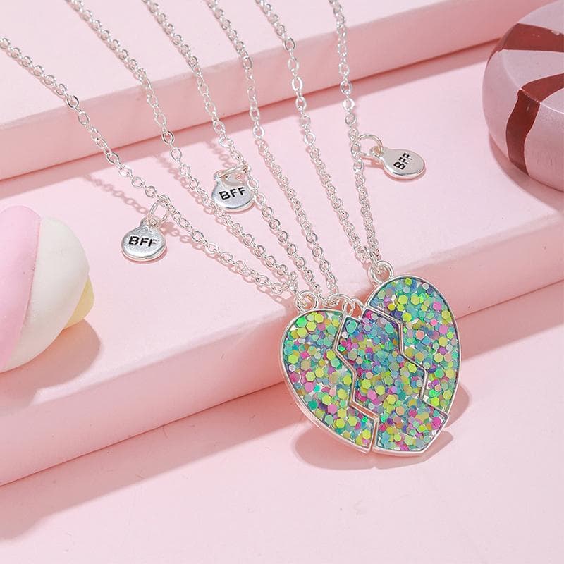 Qpeach 3Pack Heart Flower Butterfly Star Glitter Pendant Best Friend Girls BFF Necklace of 3 for Kids Friendship Jewelry Gifts as the picture-