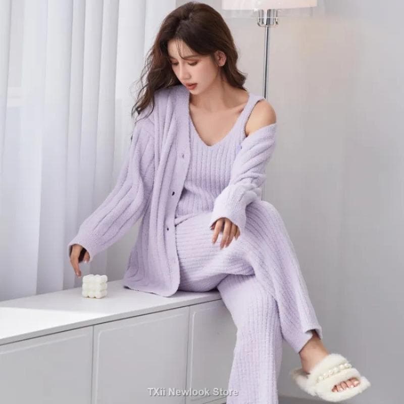 Pajamas for Women Winter New Style Half-sided Plus Velvet Three-piece Set Suspender Pajamas Trousers Thickened Style Home Clothes One Size