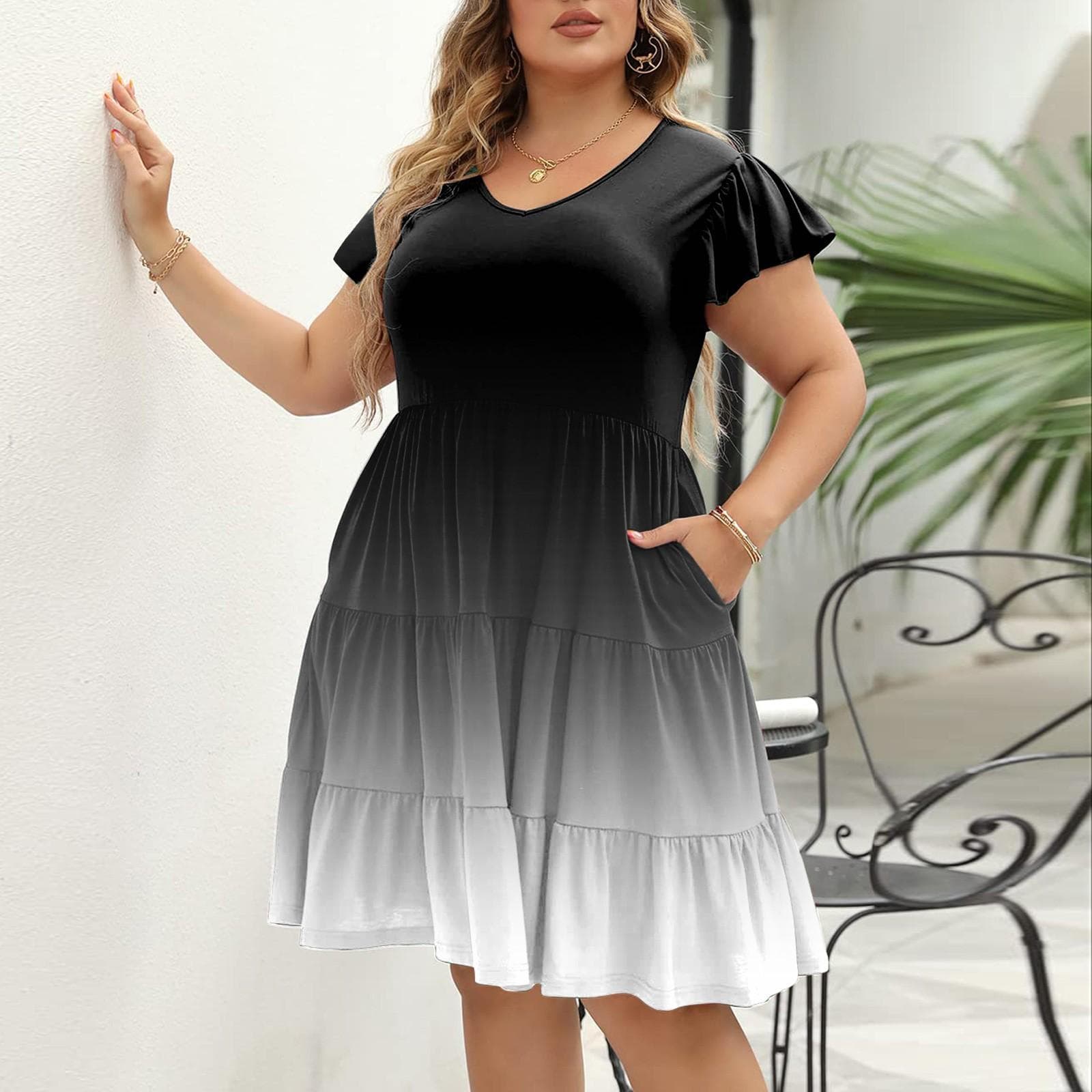 (Qunide) Plus Size Women's V-Neck Fashion Print Loose Comfortable Large Hem Dress XXXXXXL black