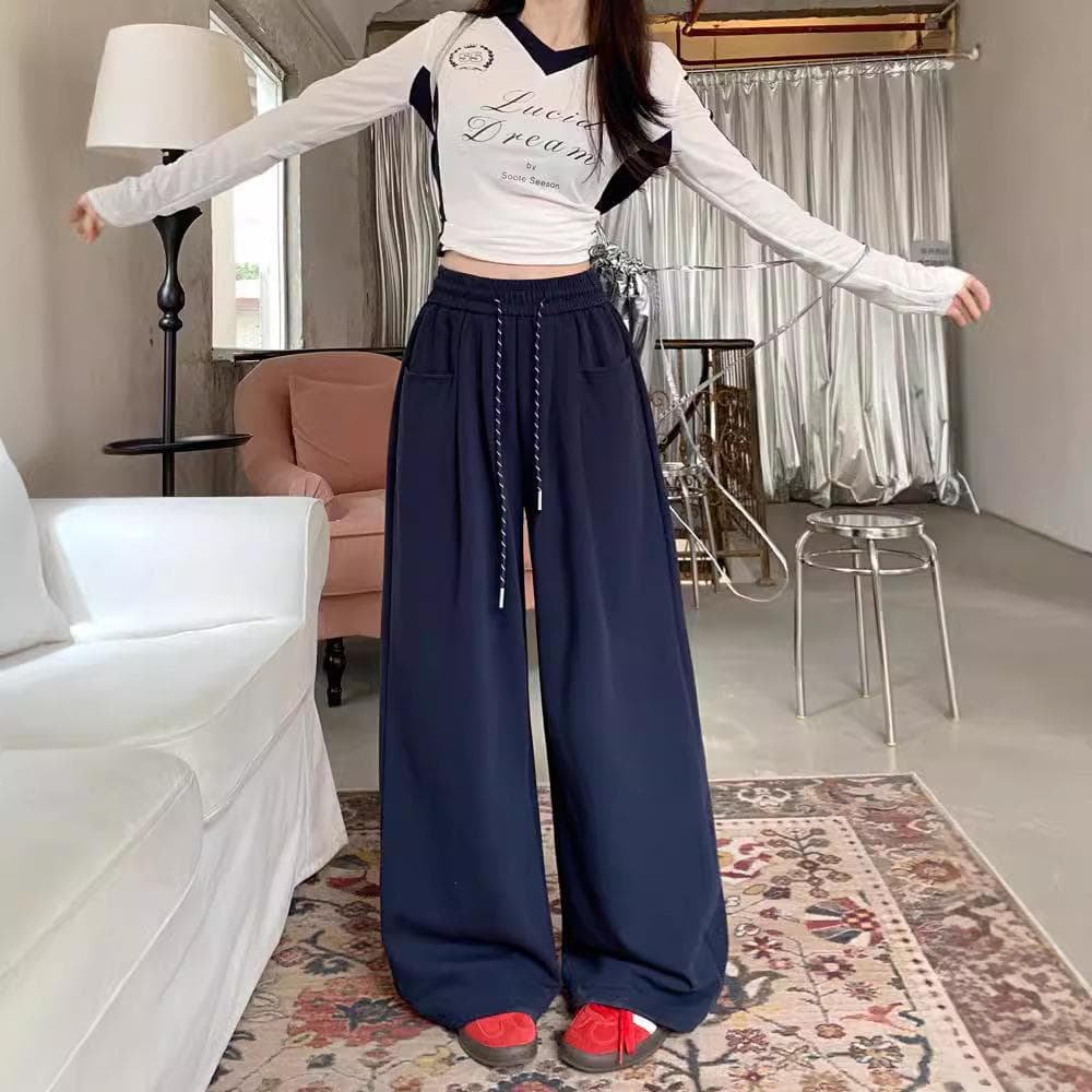 Drawstring High Waist Wide-leg Pants Straight Draped Floor Pants for Women's Autumn New Style Loose Lazy Style Casual Long Pants for Women XXL