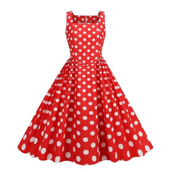 Women Dress Retro A-line Big Swing Tight High Waist Sleeveless Square Neck Dot Print Back Zipper Contrast Color 50s 60s Party Wedding Prom Midi Dress 2XL red