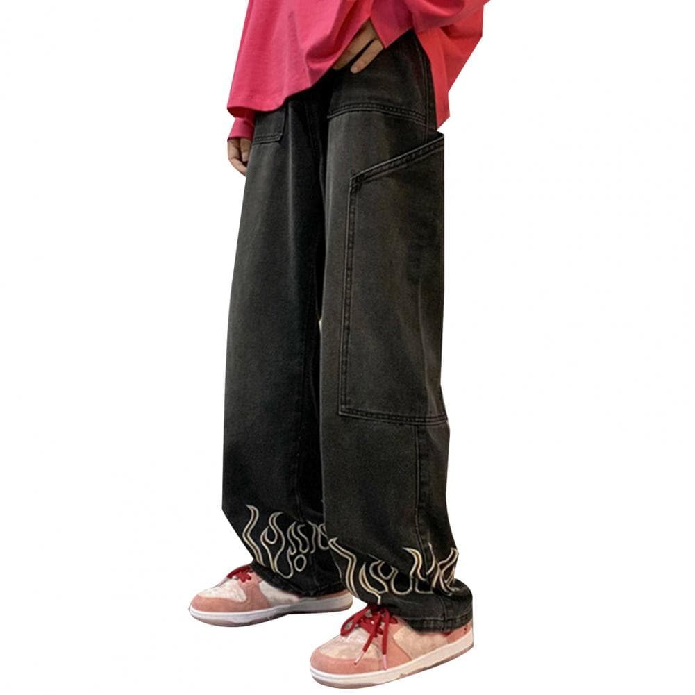 Men Casual Jeans Flame Pattern Big Pockets Long Pants Straight Wide Leg Design High Street Distressing Denim Trousers M black