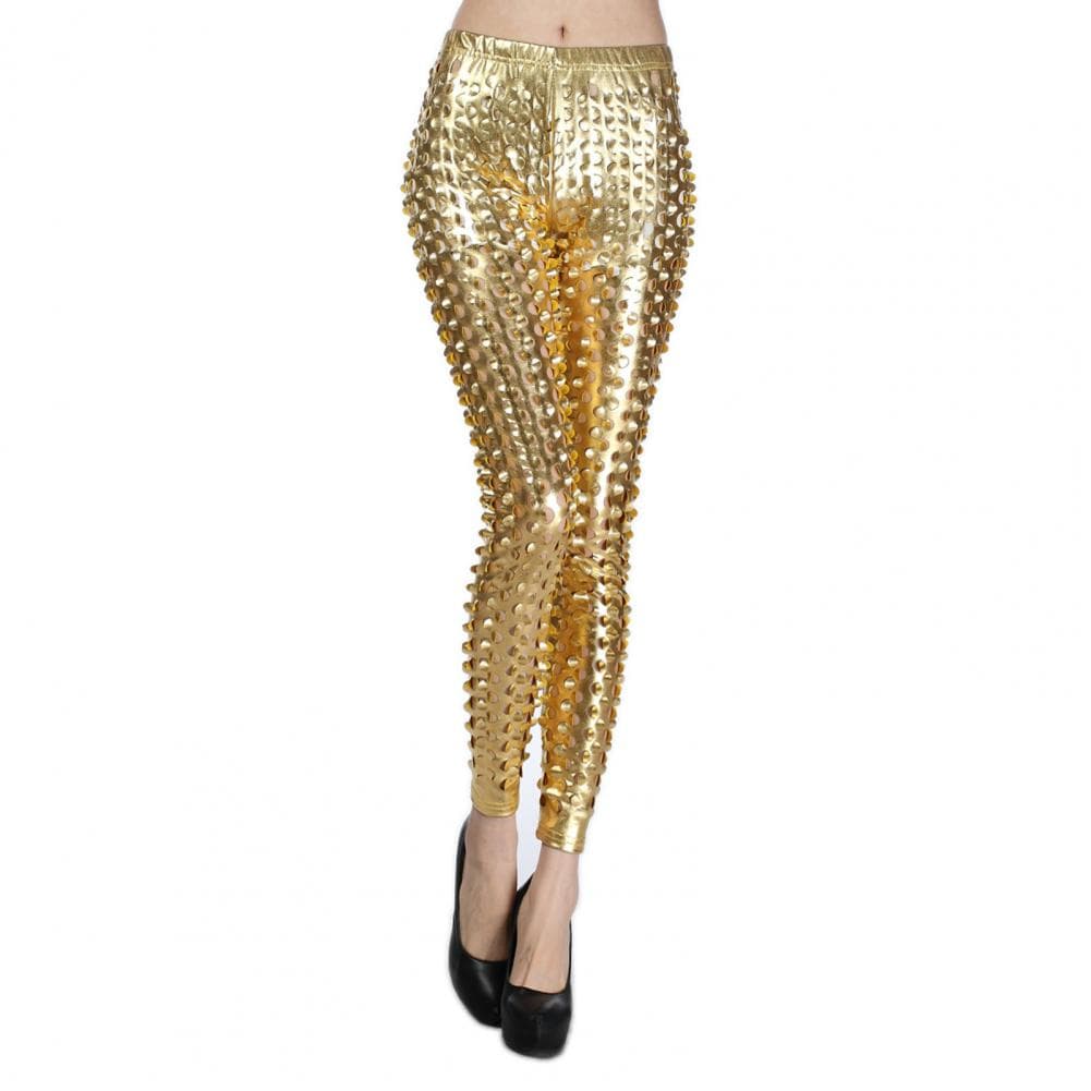 Women Skinny Pants Hollow Fish Scale Shiny Metallic Solid Color Elastic Waist Ladies Rack Band Stage Performance Trousers Disco One Size light blond