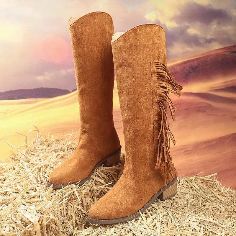 Faux Suede Tassels Long Boots Women Plus Size Thick Heels Knee High Boots Woman Slip On Autumn Winter Size 36-43 43 brown