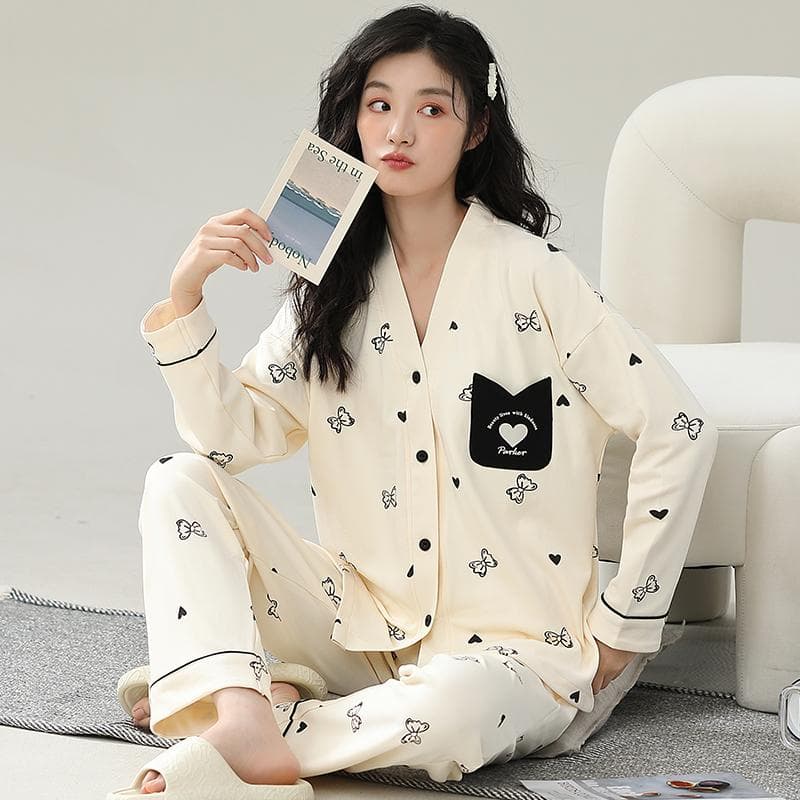Blue Plaid Pajama Women Cute Kawaii Sweet Long Sleeves Long Pants Autumn Winter Soft Sleepwear Cozy Pyjamas Girl Pijamas Lady Pj 3XL