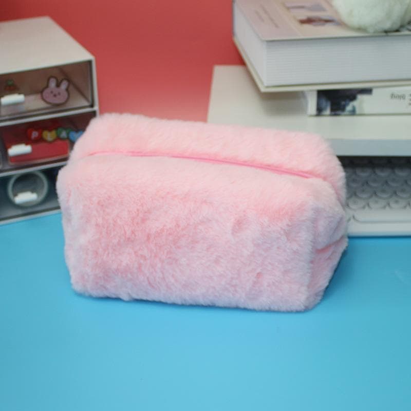Cute Fluffy Cosmetic Bag Travel Makeup Storage Case for Girls Macaroon Color Sweet Pencil Pouch Women Zipper Toiletries Bags pink