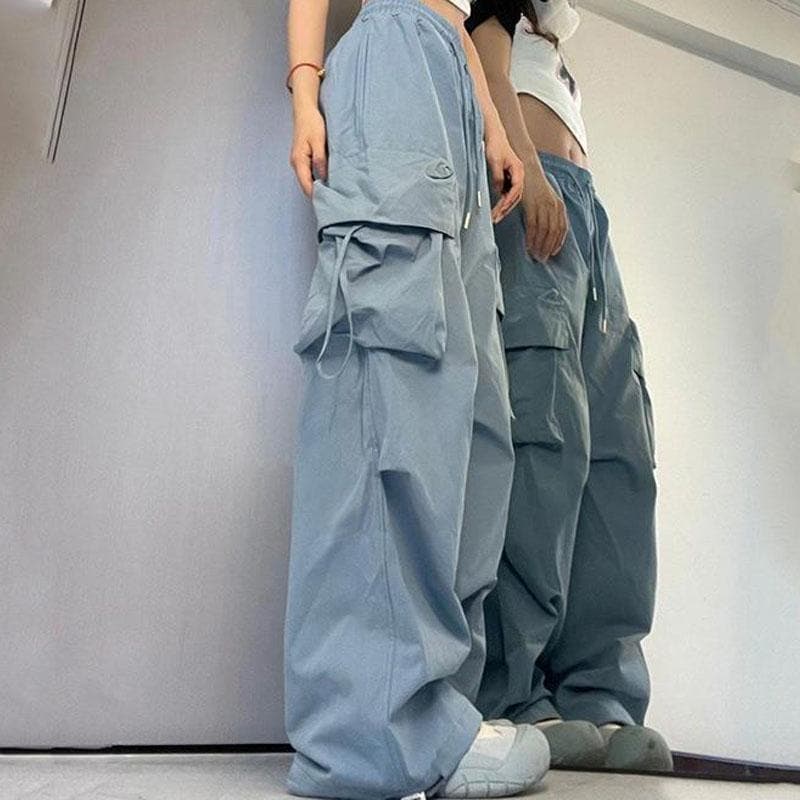 Women Cargo Pants Vintage Fashion High Waist Solid Pockets Drawstring Wide Leg Trousers Streetwear Hip Hop Baggy Tech Joggers Pants Plus Size L blue