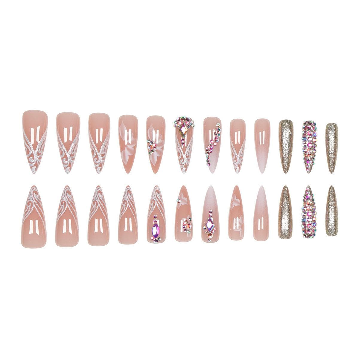 24 Pieces Of Long Water Droplet Shaped Pressed Fake Nail Patches, Sparkling Rhinestone Gradient Floral Girl Women Nail Tips