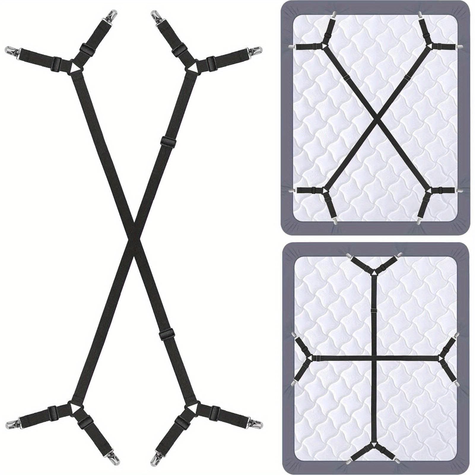 2-Piece Adjustable Sheet Holder Strap - Cross Cross Holder for All Mattress Sizes, Elastic Triangle Fasteners, Black Nylon, Sheet Holder black