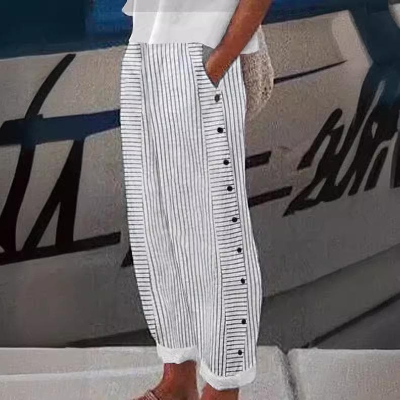 Women Summer Long Pants Striped Print Button Casual Versatile Loose High Waist Pants L