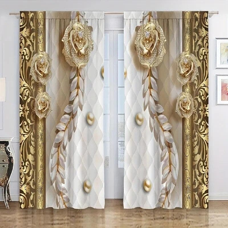 2pcs Golden Peacock Curtain Study Room Kitchen Living Room Dorm Rod Pocket Top Window Drapes Bedroom Accessories Home Decor W110xH240(CM)x2PCS-Rod pocket