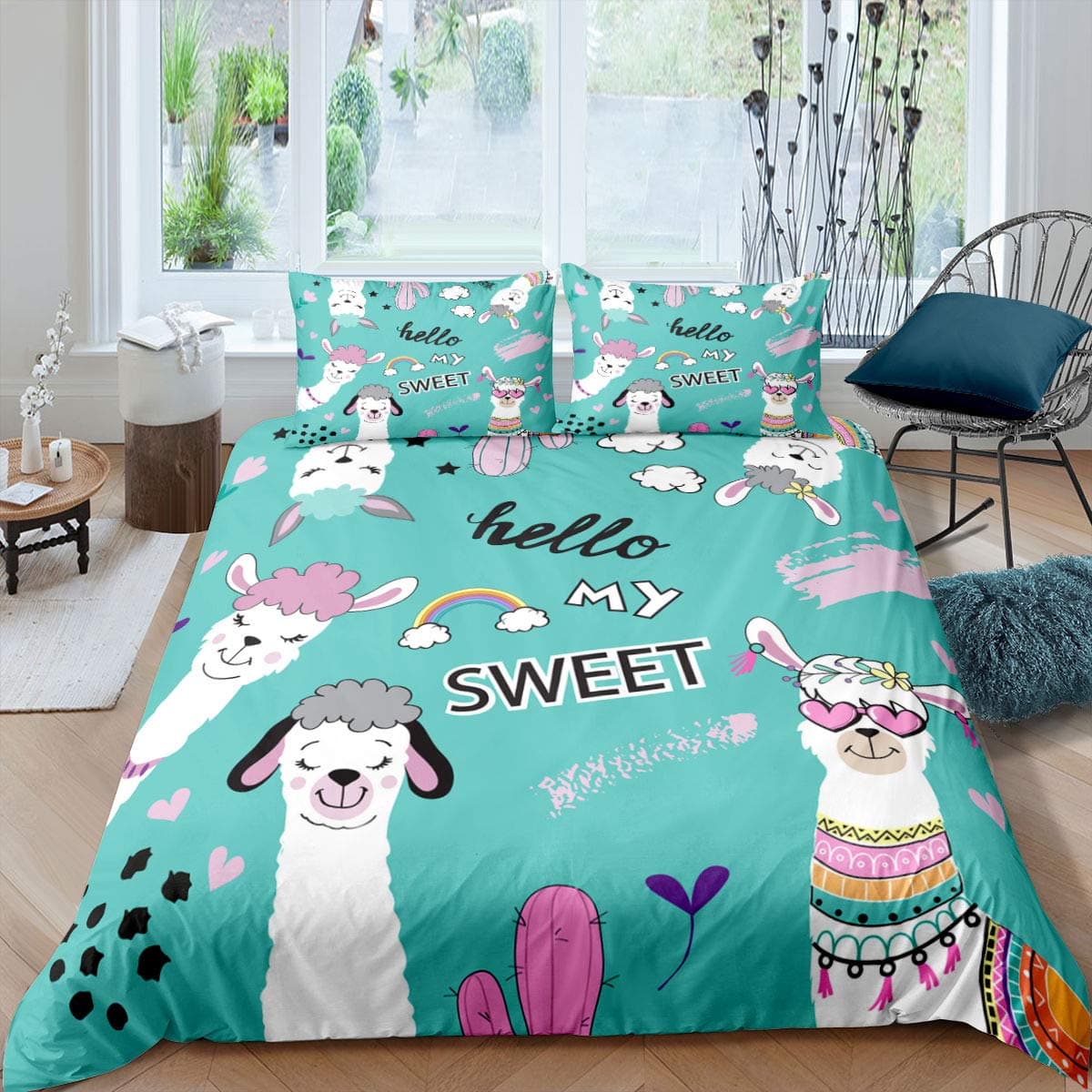 Cartoon Llama Alpaca Bedding Sets for Kids Boys Girls Floral Quilt Cover Room Decor Bedroom Collection 3Pcs Queen King Full Size EU single(135x200cm)