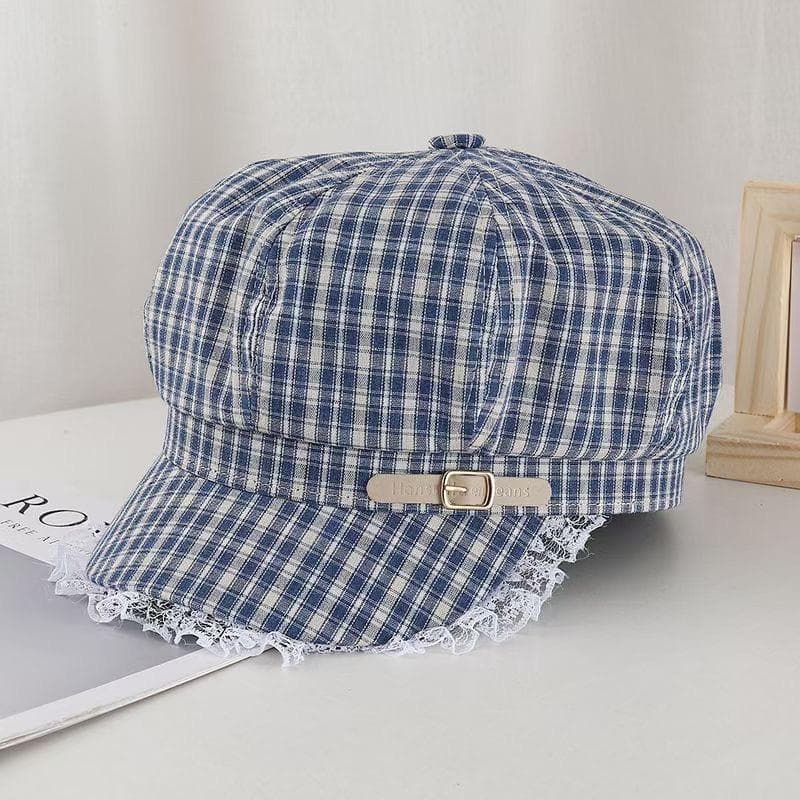 New Plaid Spring and Summer Plaid Japanese Designer Joint Plaid Lace Edge Beret Octagonal Hat Sweet Painting 54-58Cm adjustable sky blue