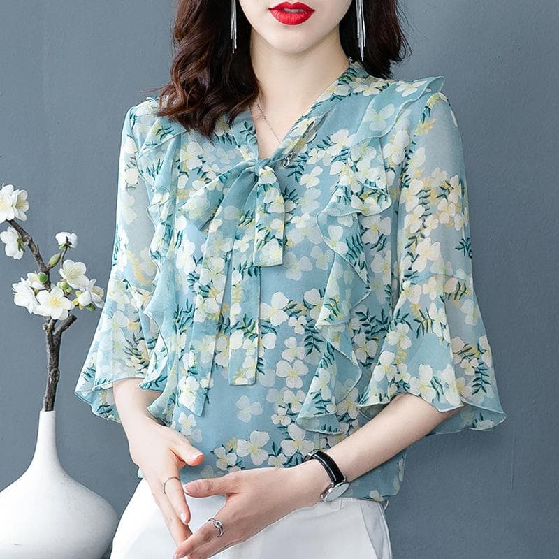 Loose Chiffon Shirt Women's Short Sleeved Fashionable Floral Top Small Shirt 5XL