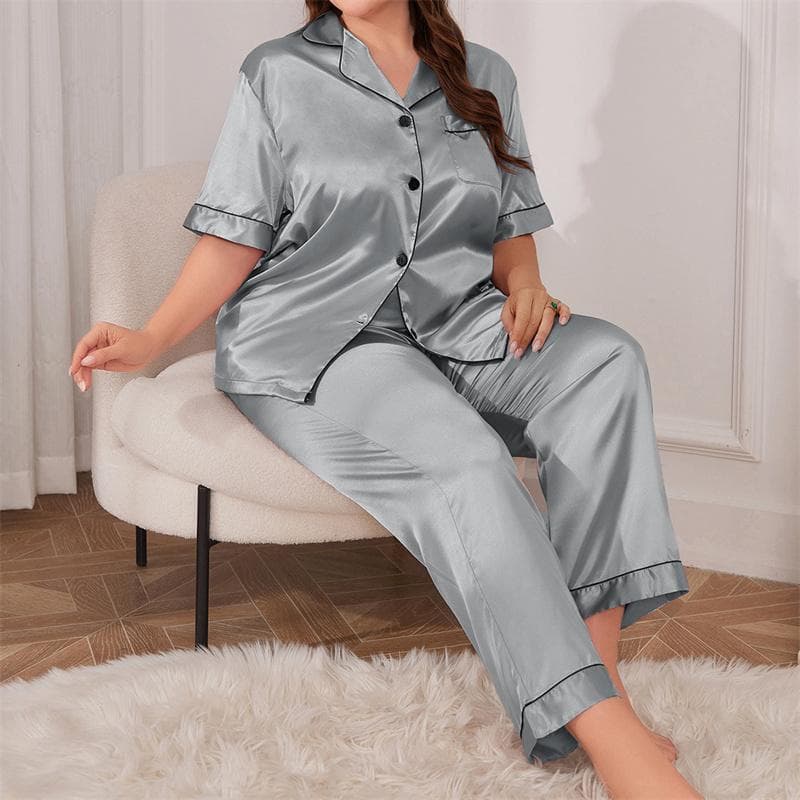 Summer Women's Silk Pajamas Set Personalized Satin Casual Thin Loose Tops Trousers Home Wear 2XL grey