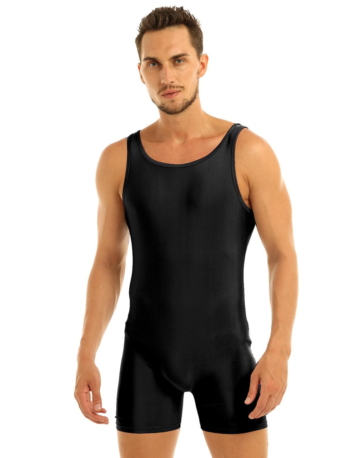 Men's One Piece Boxer Shorts Rompers Modified Wrestling Singlet Bodysuit Workout Sports Leotard M black
