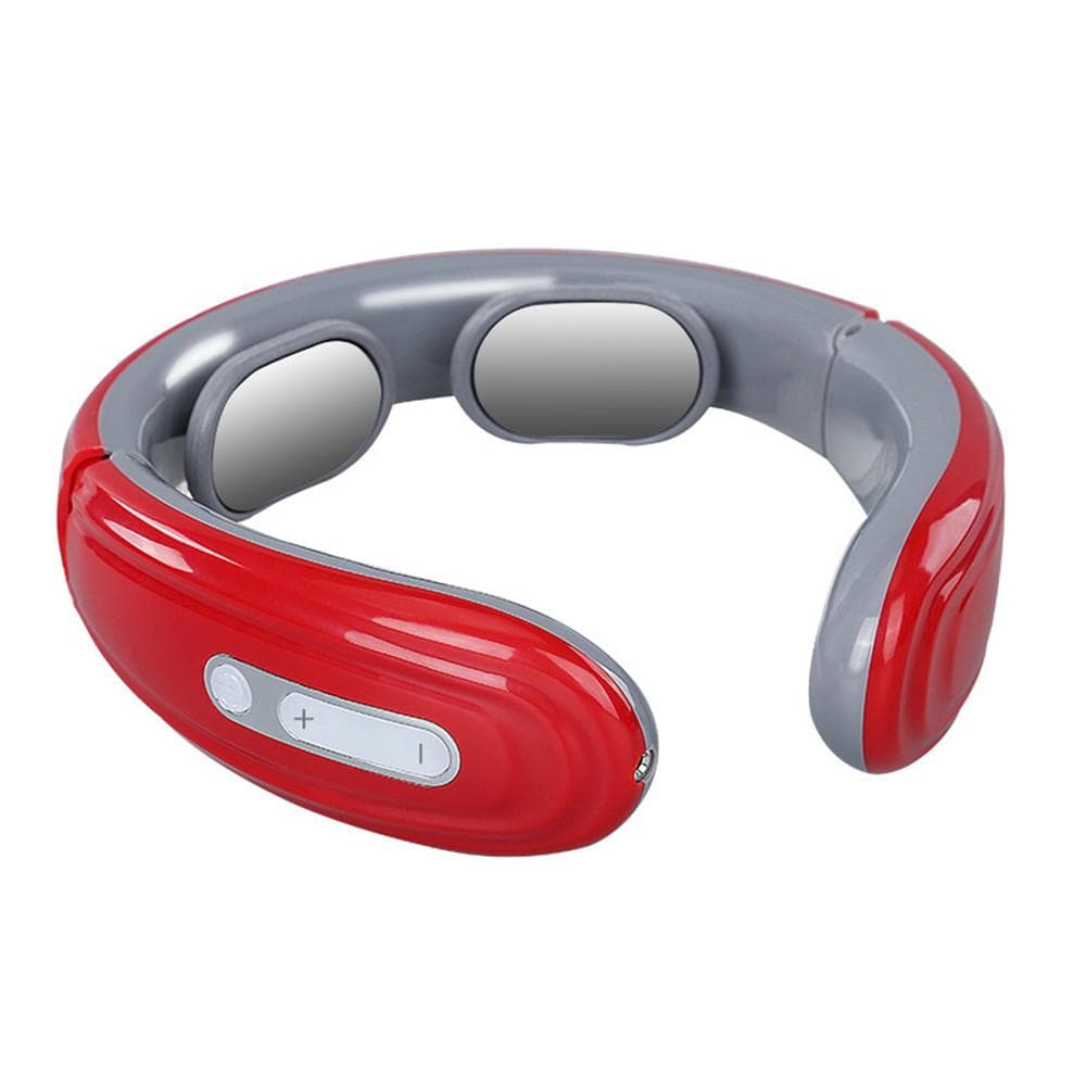 Electric Neck Shoulder Pulse Massager Kneading 2 Head TENS EMS Pulse Heating Cervical Vertebra Relax Pain Relief Massage Battery-Powered Version red