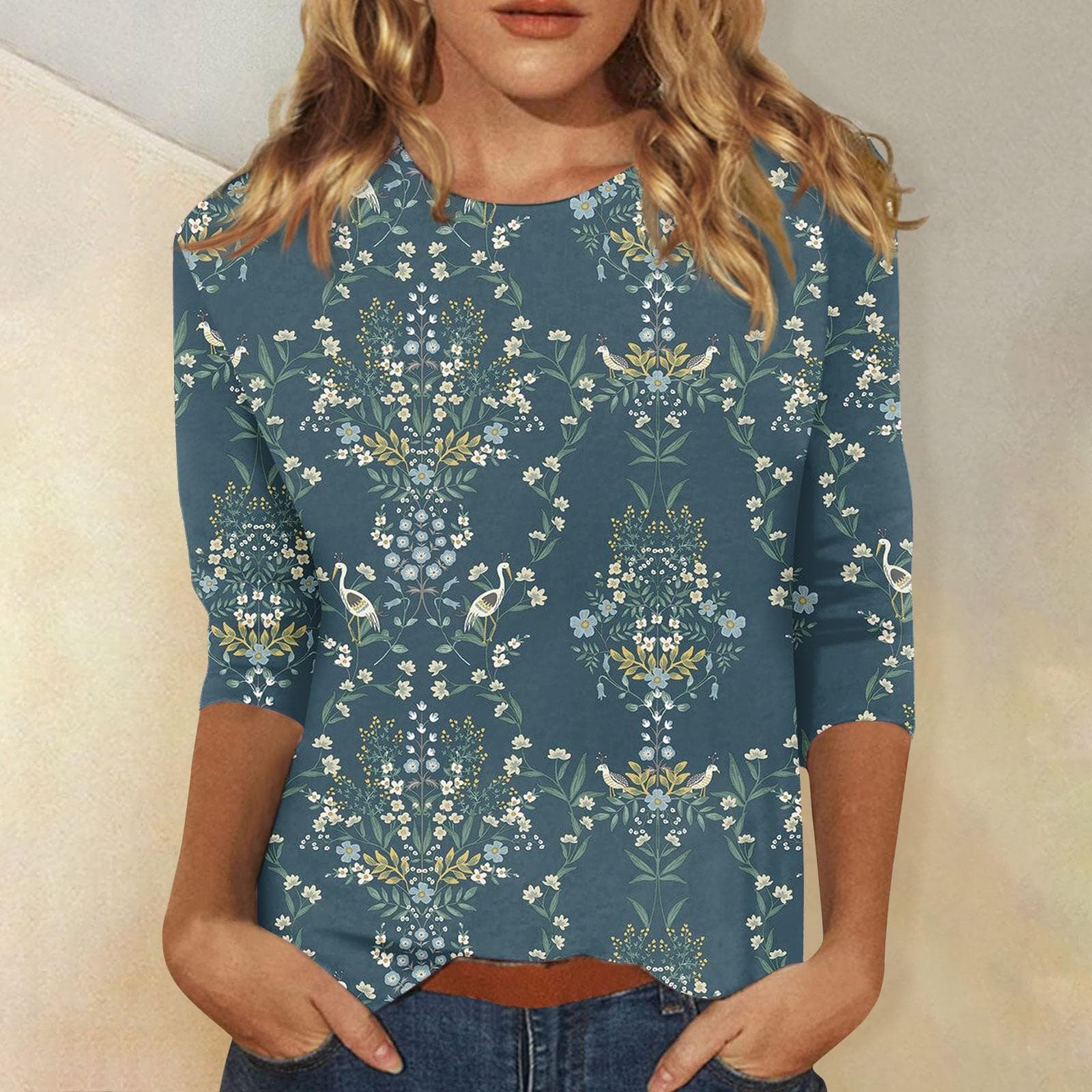 Women Summer Tops Comfortable T Shirt Fashion Flower Print Round Neck 3/4 Sleeve Tops Soft Versatile Pullover Ropa De Mujer M