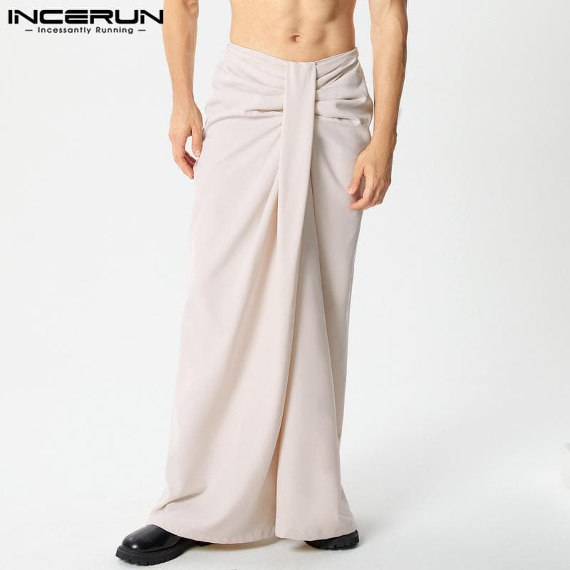 INCERUN Men Twisted Zipper Waist Casual Wide Leg Trousers Ruffled Long Pants XL beige