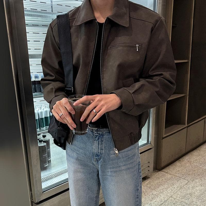 Retro Short Leather Jacket for Men In Autumn Loose Lapel Leather Jacket Korean Style Trendy Handsome Motorcycle Suit M brown
