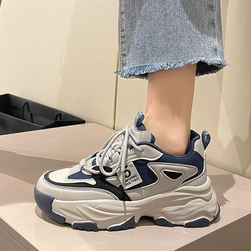 Genuine Leather Daddy Shoes Women's Spring New Lightweight Thick-soled Color Matching Casual Sports Shoes 40