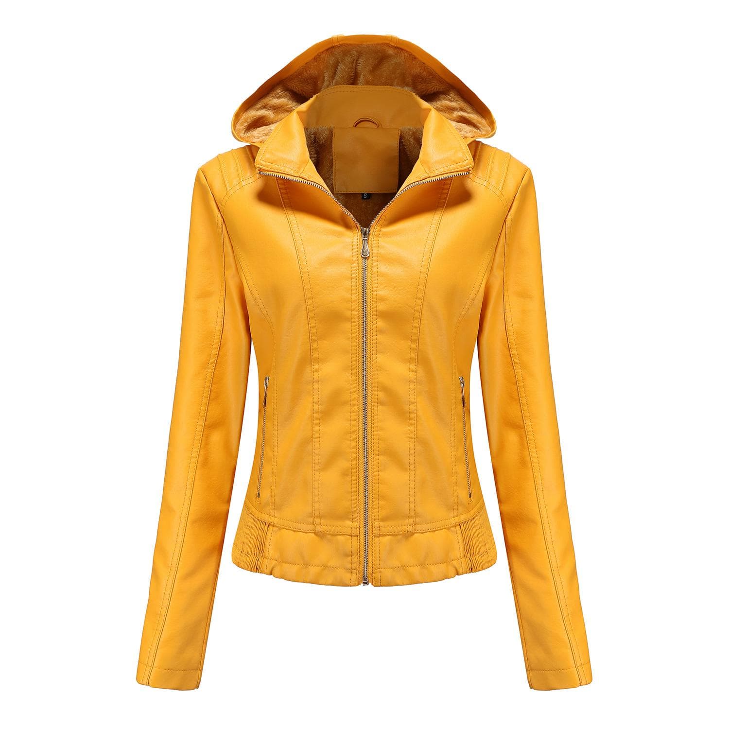 Autumn and Winter Hooded Leather Jacket for Women with Detachable Hood, Zipper, Long Sleeves, Fleece Leather Jacket, European Size Slim Coat 3XL