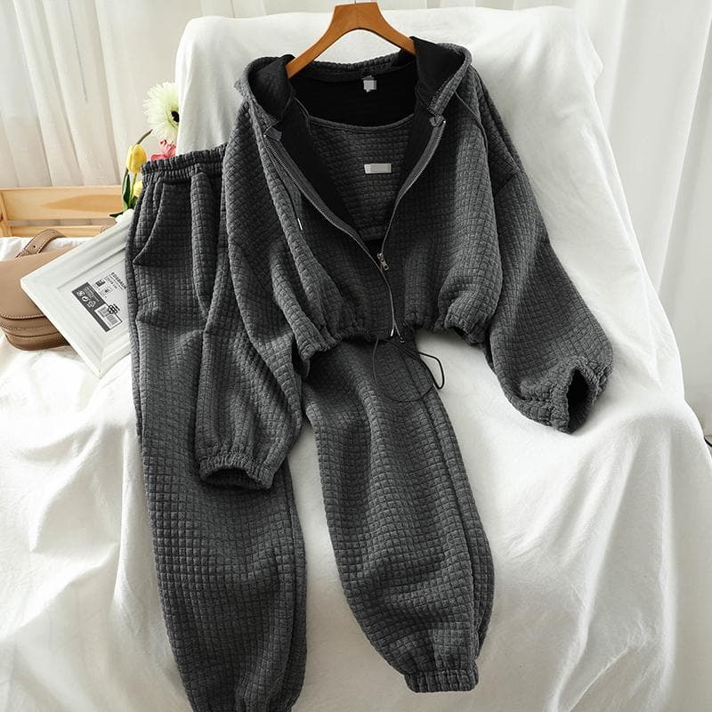 Women 3 Piece Set Solid Color Sweatshirt Set Hooded Sexy Camisole High Waist Trousers Female Fashion Casual Suit XL dark gray
