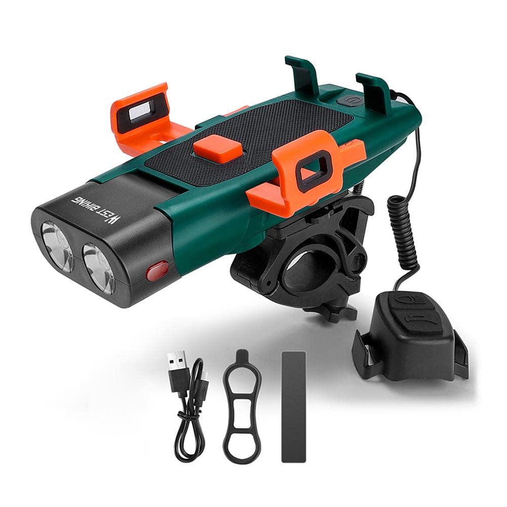 5in1 LED Bike Front Bracket Lamp Horn Mobilephone Holder Warning Bell Powerbanks MTB Bike green
