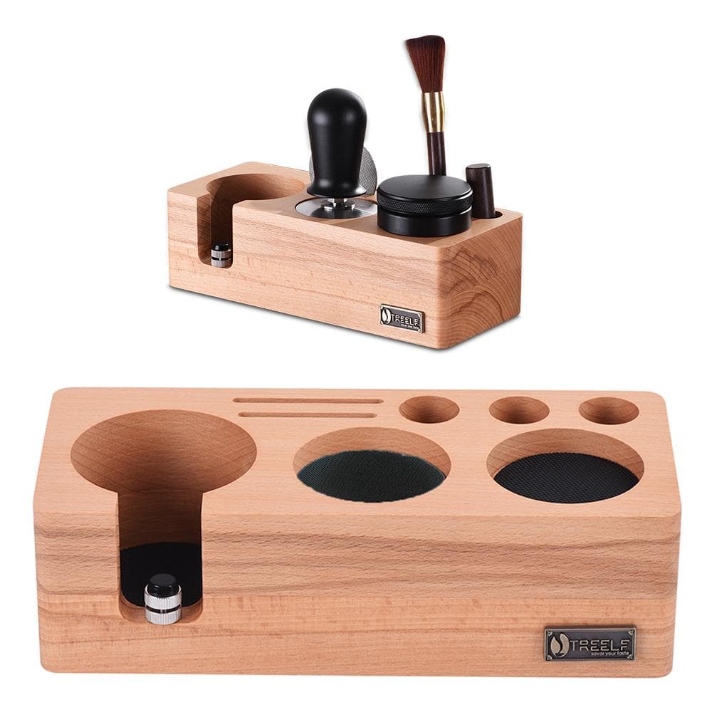 TREELF Espresso Tamping Station Fits for 58mm Espresso Accessories Beech Wooden Can Adjustable 54mm brown