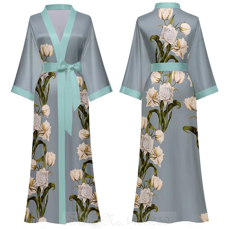 Chinese Style Print Women Long Robe Nightgown Retro Satin Sleepwear Nightdress Half Sleeve Kimono Bathrobe Gown Loose Home Wear One size
