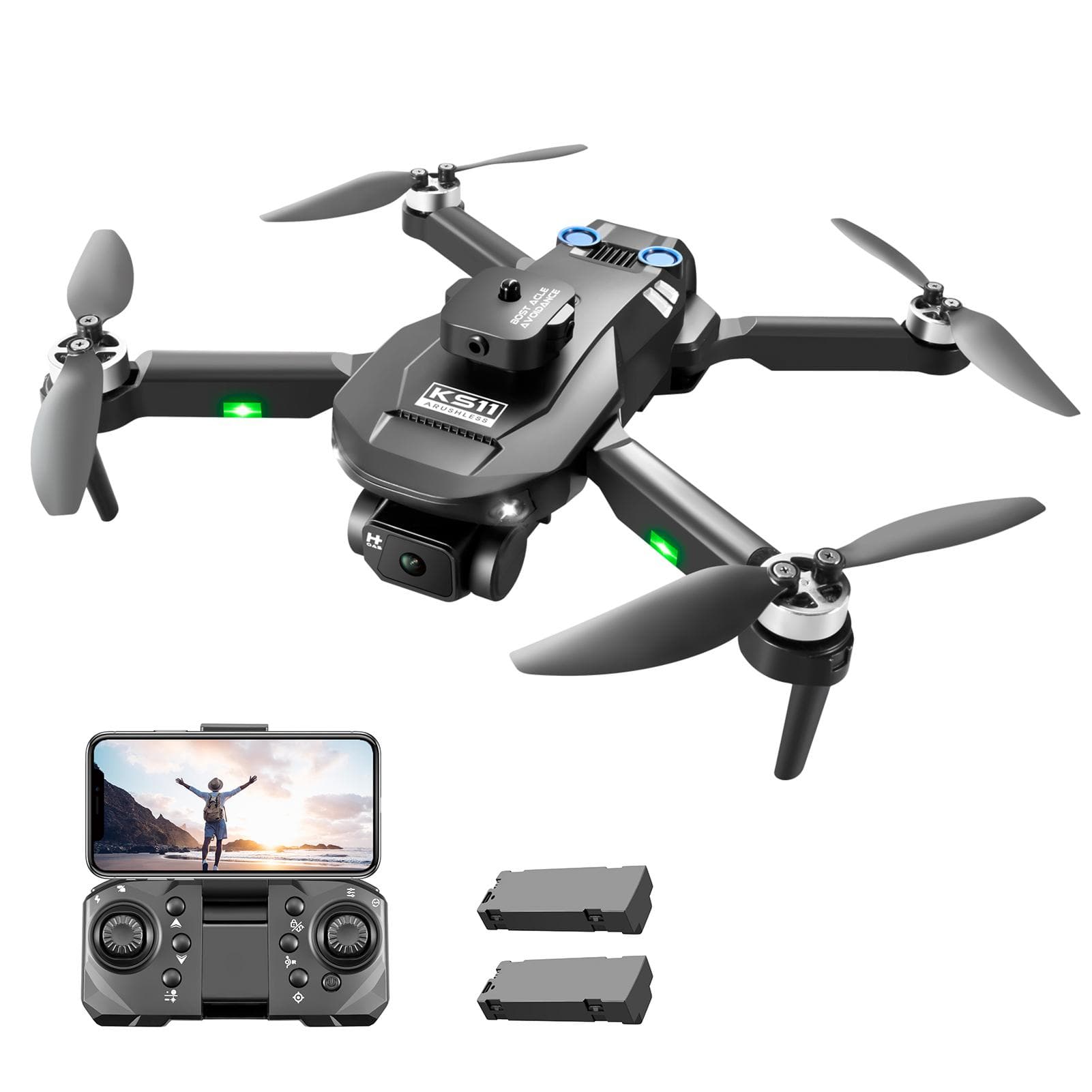 Remote Control Drone with Camera 4K Dual Camera Obstacle Avoidance Brushless Motor Optical Flow 2 battery black