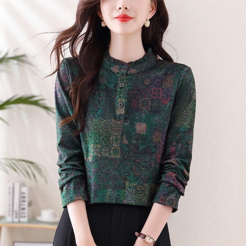 Long-sleeved Printed Large-size Winter New Mom with High-end Pullover Inside 4XL green