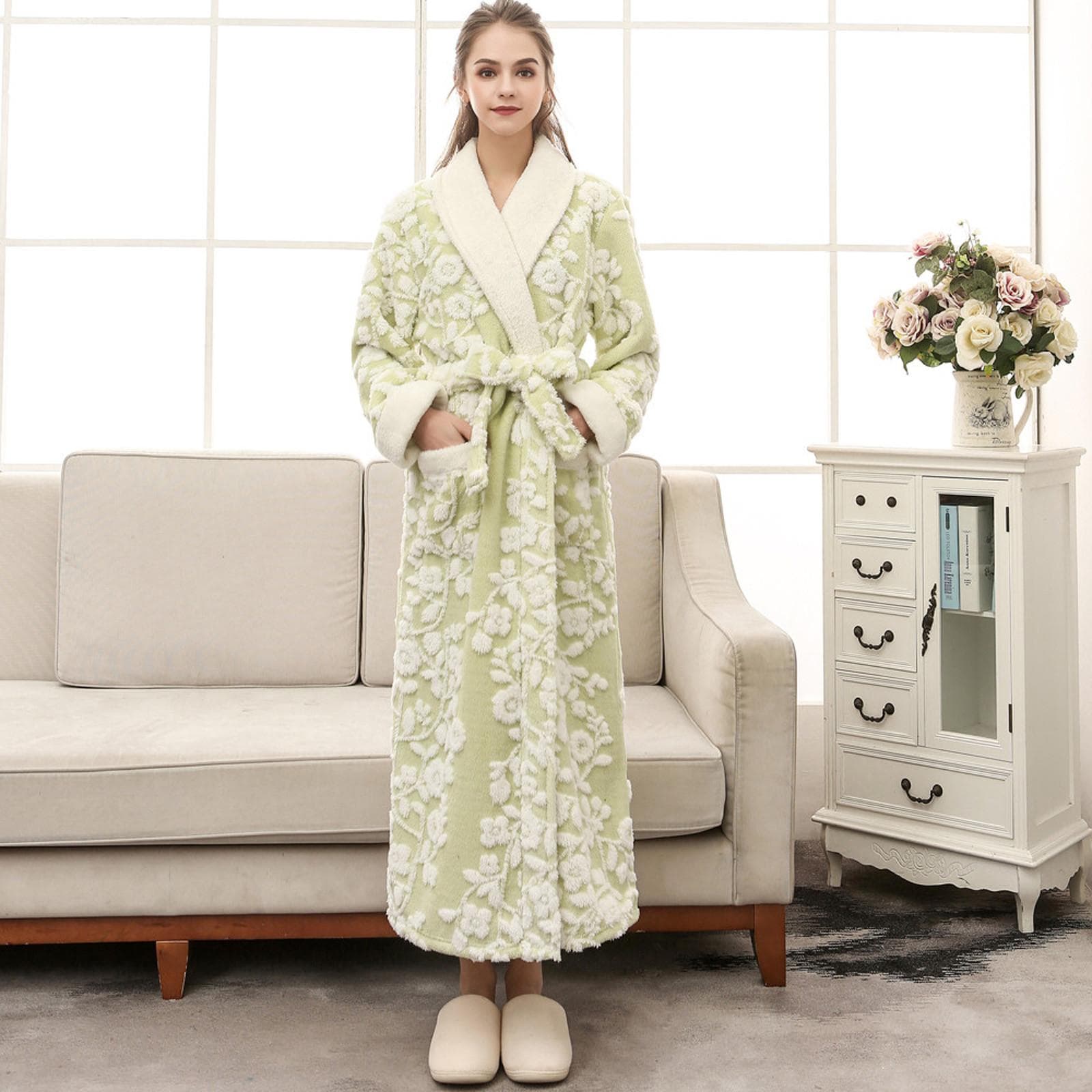 Winter Thickened Flannel Kimono Bathrobes Women Vintage Floral Jacquard Women's Thicken Warm Plush Bath Robe Pajamas Sleepwear 3XL green