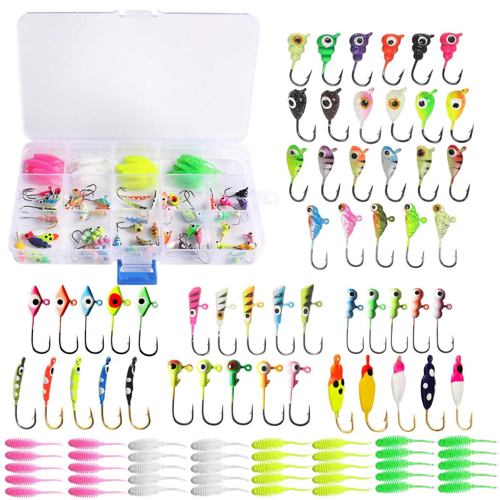 93pcs Ice Fishing Jigs Kit Includes Jig Heads Hook and Soft Lures for Bass Trout Walleye multicolour