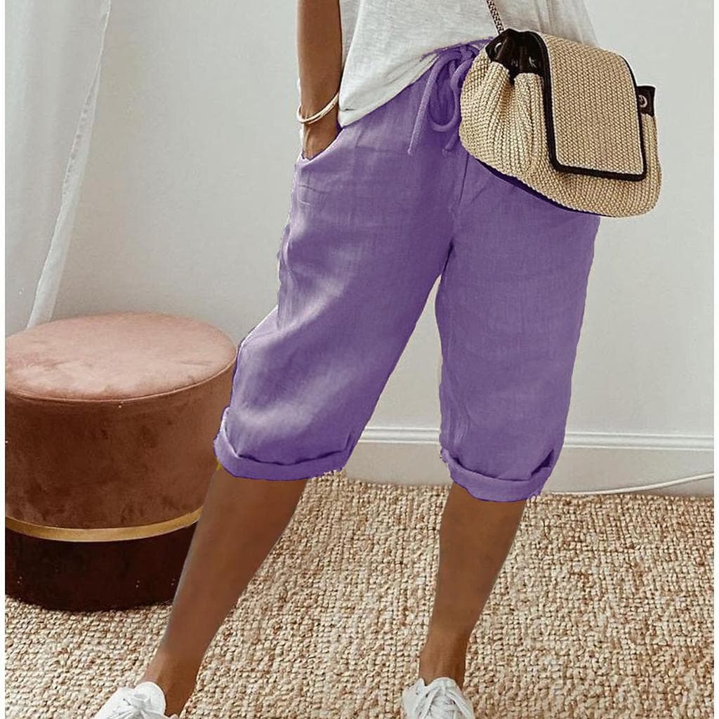 Women Shorts Vintage Style Knee-length Pants with Pockets for Women Breathable Elastic Waist Trousers Solid Colors Five Pants 2XL purple