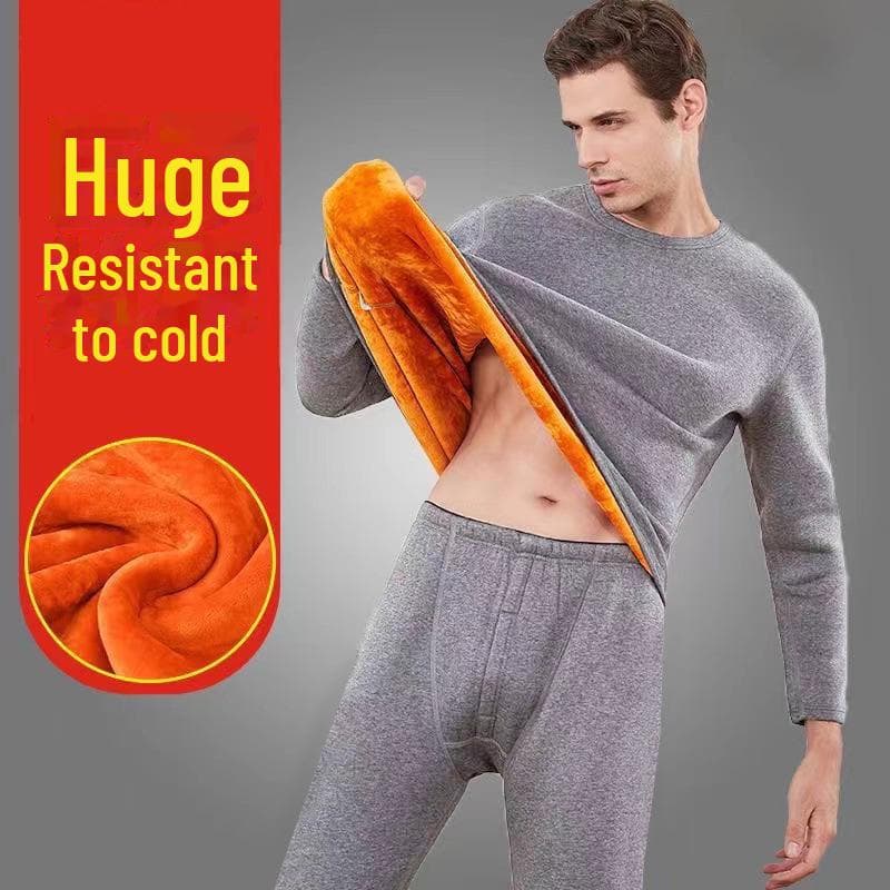 Plush Thermal Underwear Set for Men - Winter 2024 Cold-Proof Round Neck 2XL light gray